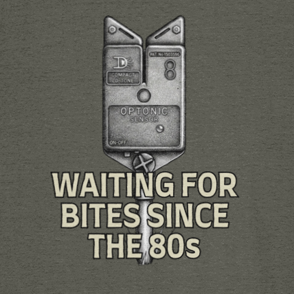 Optonic Bite Alarm "Waiting For Bites Since The 80s" Fishing T-Shirt - Image 2