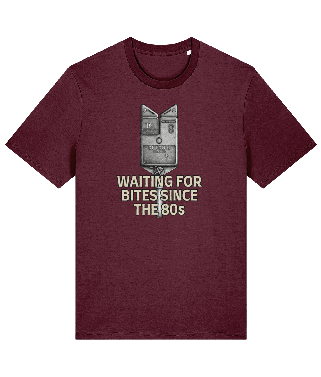 Optonic Bite Alarm "Waiting For Bites Since The 80s" Fishing T-Shirt - Image 5
