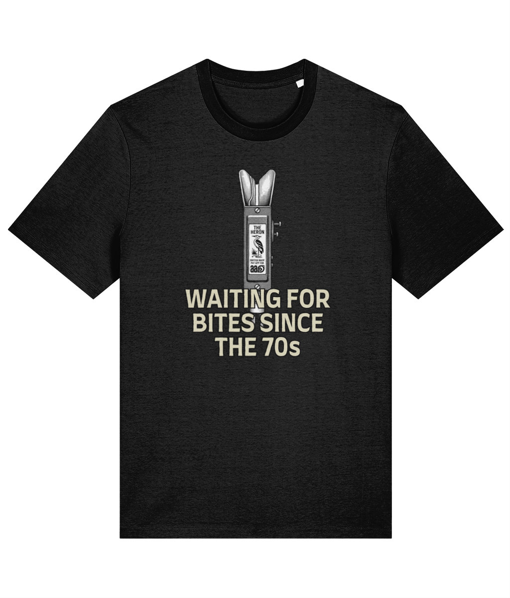 Heron Bite Indicator "Waiting For Bites Since The 70s" Fishing T-Shirt - Image 3