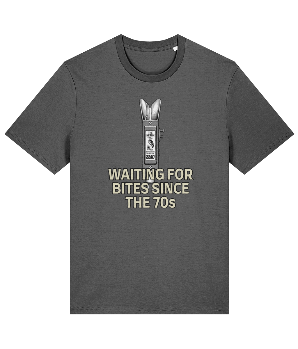Heron Bite Indicator "Waiting For Bites Since The 70s" Fishing T-Shirt - Image 4