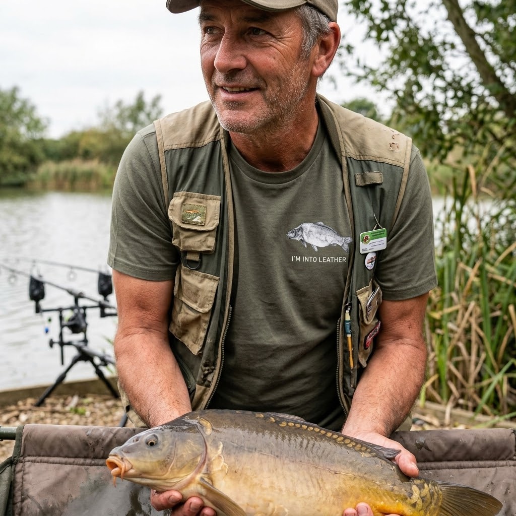“I’m Into Leather” Leather Crest Logo Carp Fishing T-Shirt