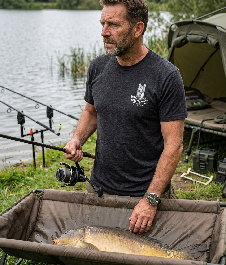 “Waiting For Bites Since The 90s” Bite Alarm Crest Logo Fishing T-Shirt