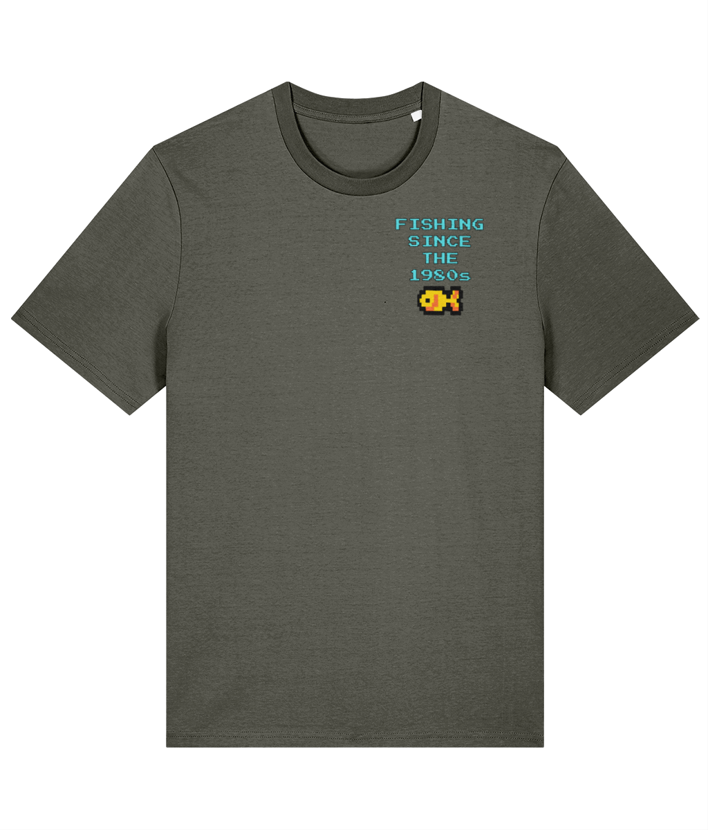 “Fishing Since The 1980s” Crest Logo Retro Pixel Fishing T-Shirt - Image 5