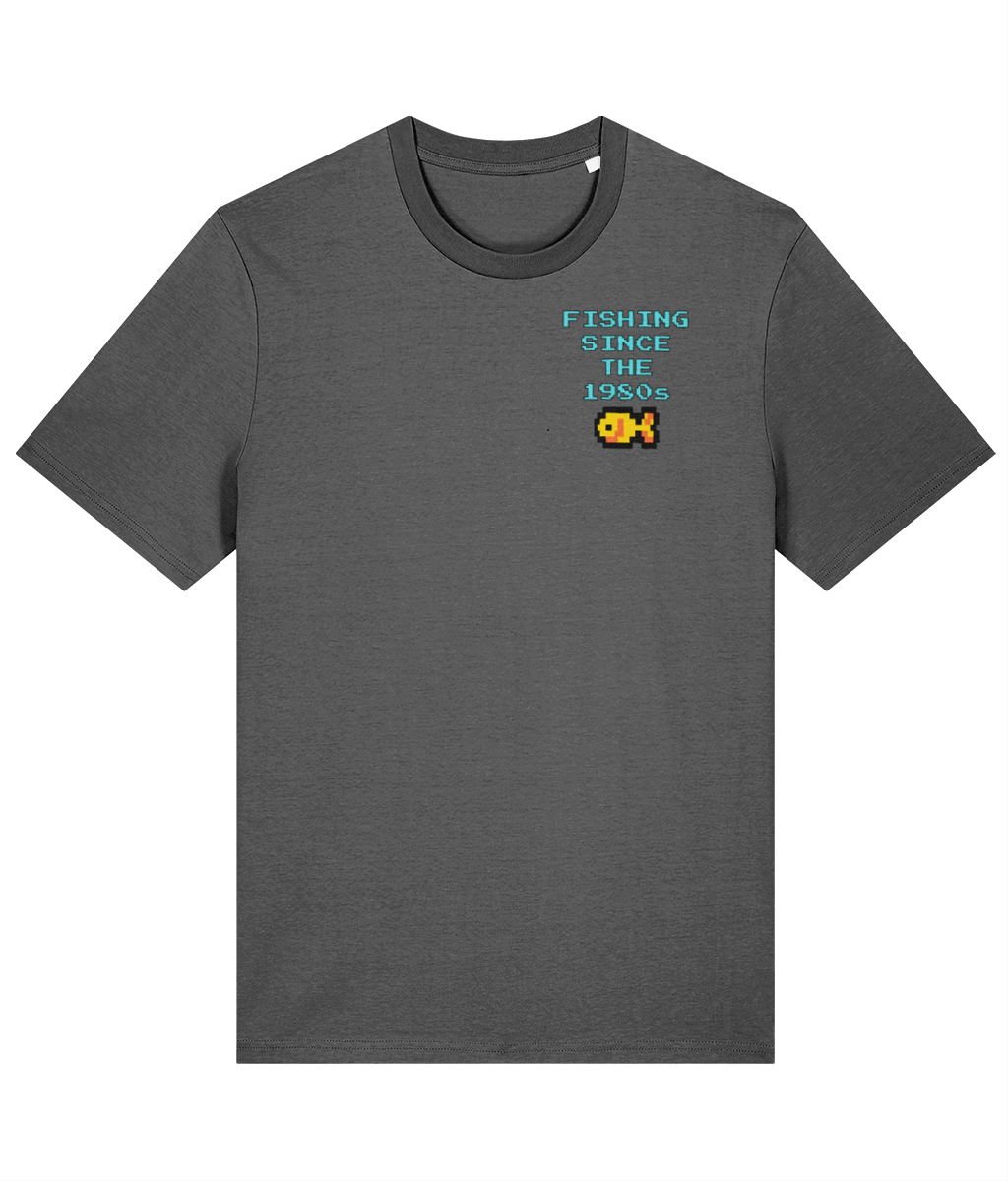 “Fishing Since The 1980s” Crest Logo Retro Pixel Fishing T-Shirt - Image 3