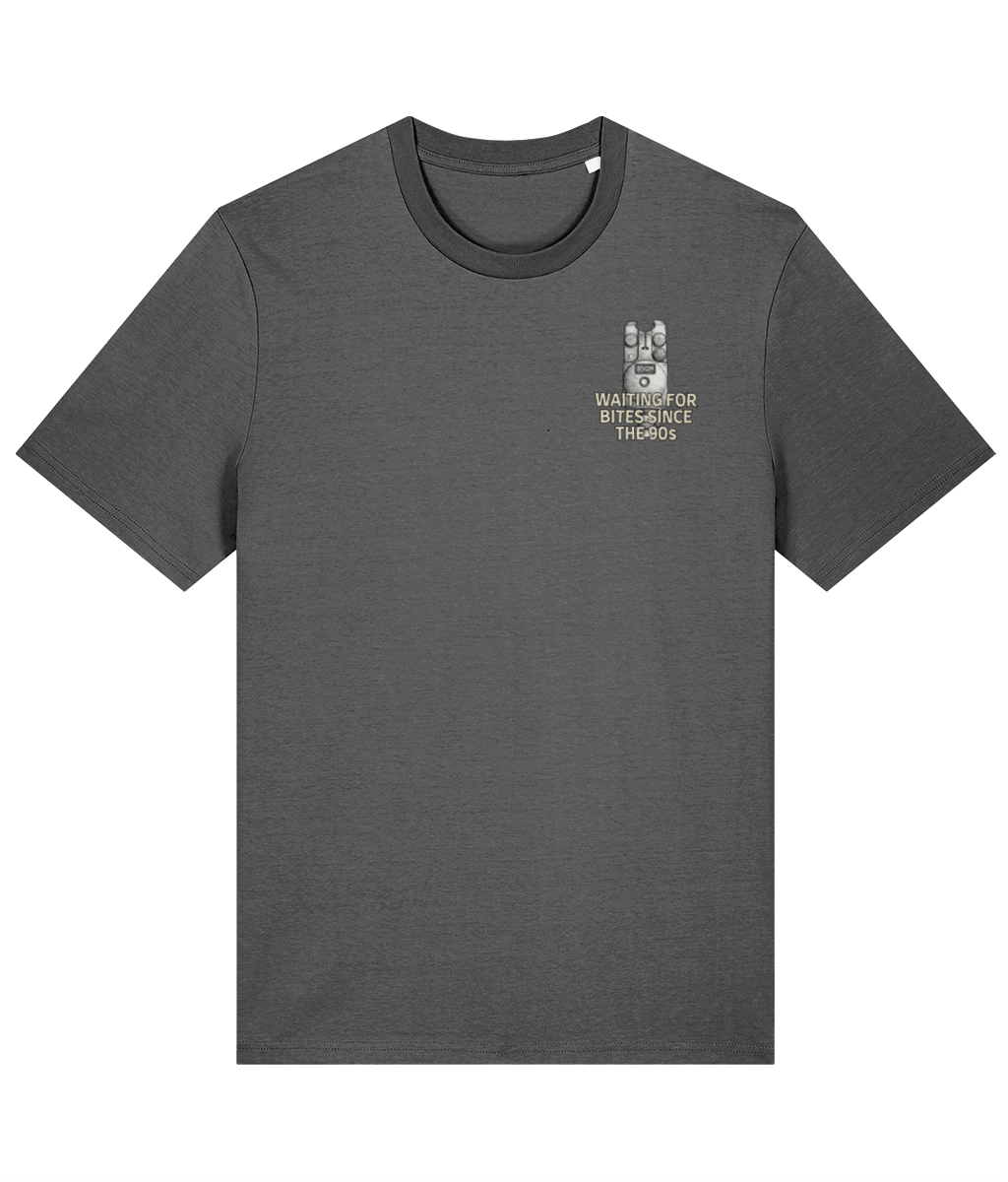 “Waiting For Bites Since The 90s” Bite Alarm Crest Logo Fishing T-Shirt - Image 3