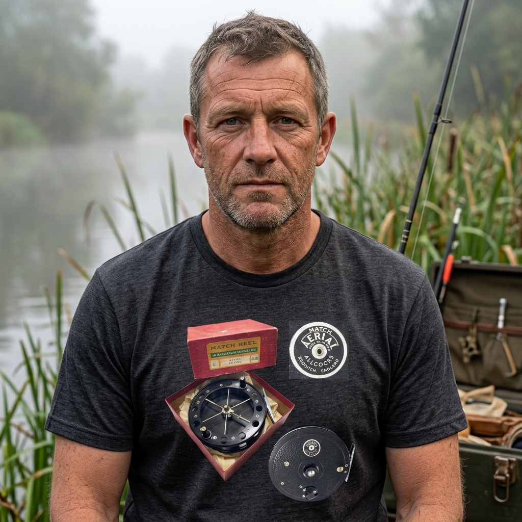 Allcock's Match Aerial Centrepin Reel T-Shirt | Vintage "Made in England" Tackle Design