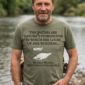"The Waters Are Nature's Storehouse in Which She Locks Up Her Wonders" – Izaak Walton Quote Fishing T-Shirt