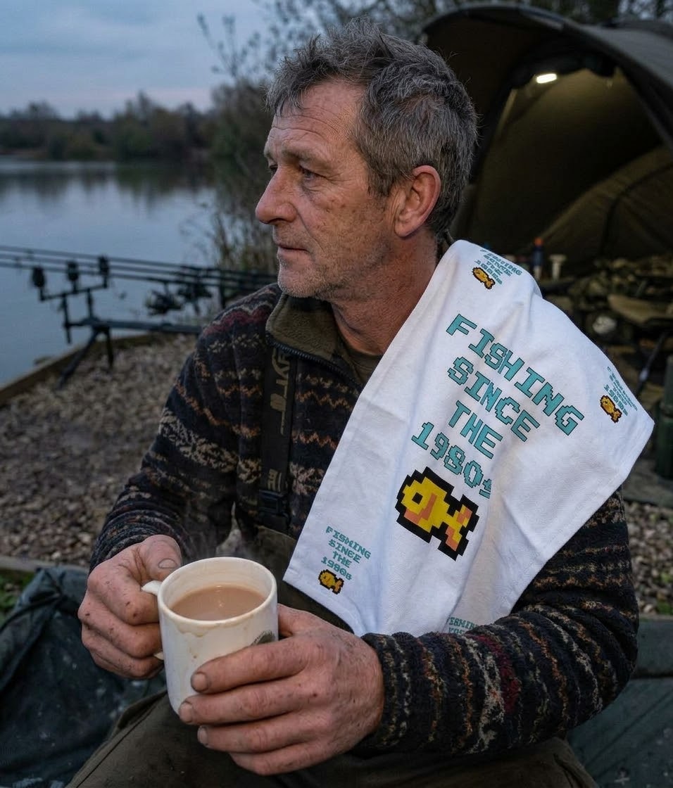 Fishing Since the 1980s" Retro Pixel Art Tea Towel – 100% Cotton, Made in the UK