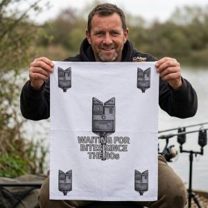 Waiting for Bites Since the 80s" Retro Bite Alarm Tea Towel – 100% Cotton, Made in the UK