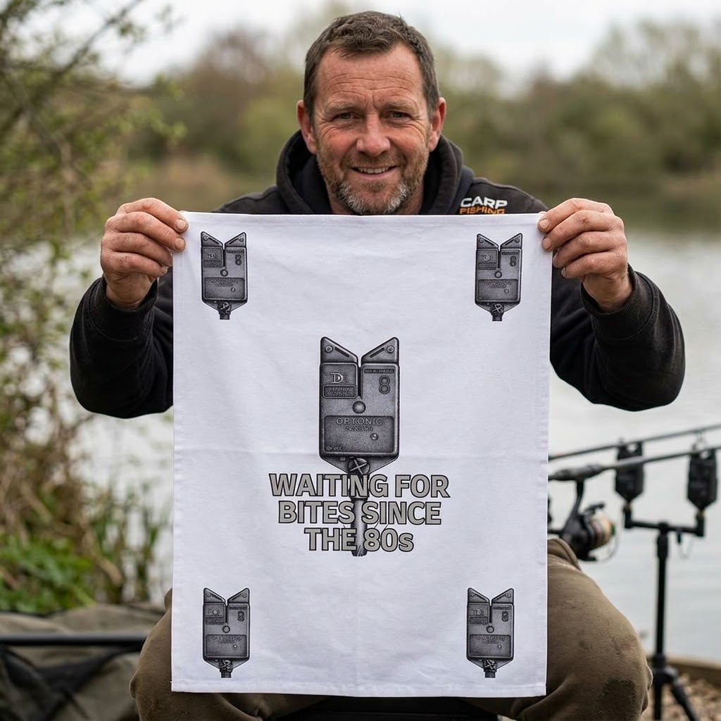 Waiting for Bites Since the 80s" Retro Bite Alarm Tea Towel – 100% Cotton, Made in the UK