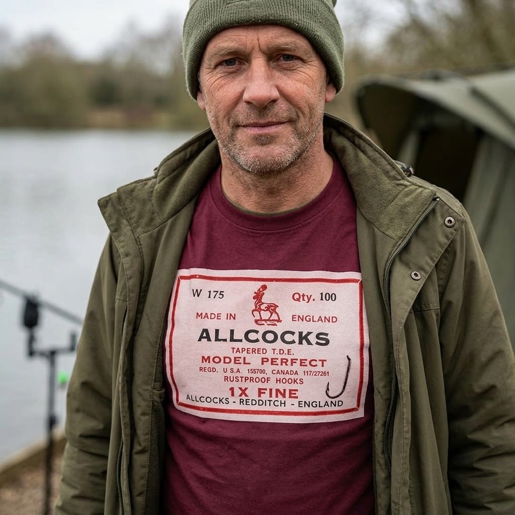 Allcocks Vintage Fishing Hook Packet T-Shirt – Model Perfect, Made in England