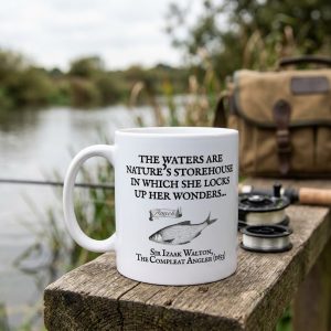 "The Waters Are Nature's Storehouse in Which She Locks Up Her Wonders" – Izaak Walton Quote Fishing Mug