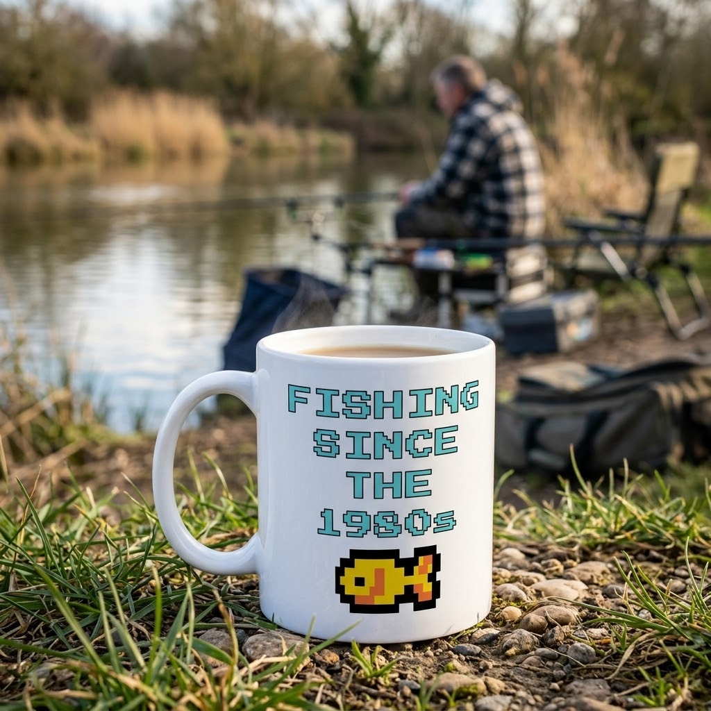 “Fishing Since the 1980s" Retro Pixel Art Mug