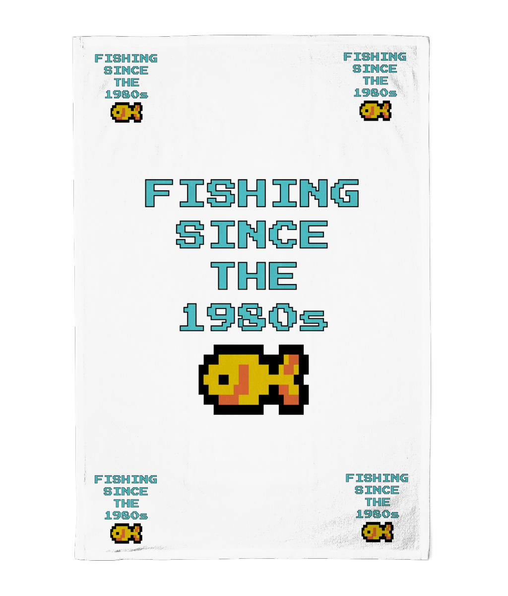 Fishing Since the 1980s" Retro Pixel Art Tea Towel – 100% Cotton, Made in the UK - Image 2