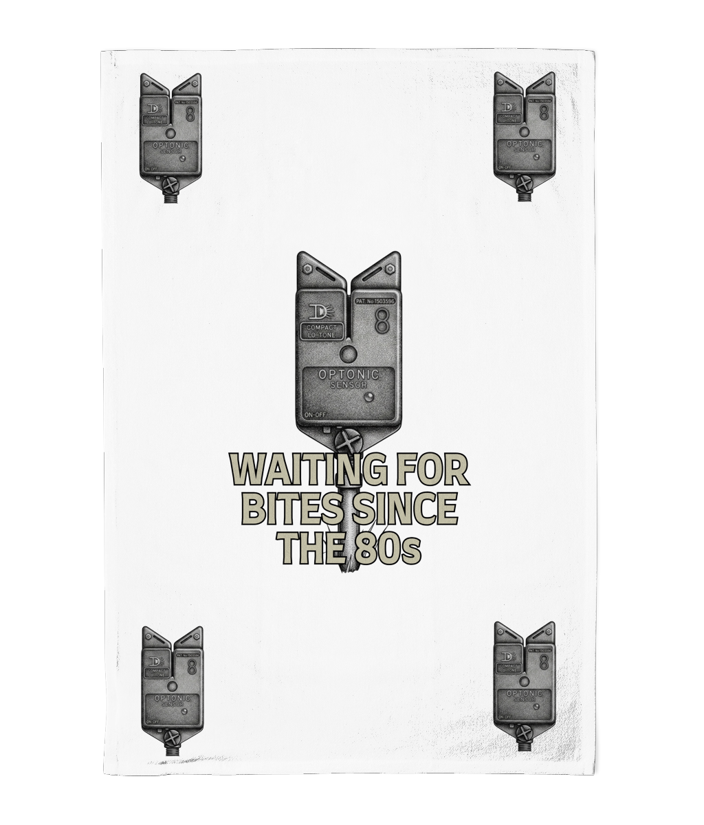 Waiting for Bites Since the 80s" Retro Bite Alarm Tea Towel – 100% Cotton, Made in the UK - Image 2